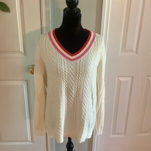 Talbots Cream and Red/ Pink V Neck Sweater- Size L